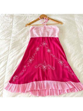 Uluwatu Y2K Pink Halter Embroidered Crochet Boho Dress Small Medium Bali